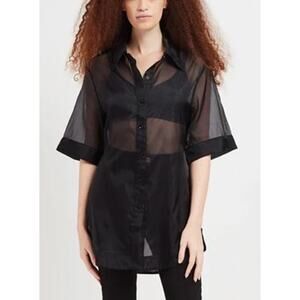 APPARIS. Sheer Organza Belted Button Up Tana Blouse Small Black Sleek Modern